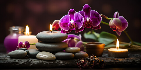 Obraz na płótnie Canvas A spa with a flower arrangement on top of rocks and candles candles with a purple orchid on them and a glass jar on a purple liquid on it with brown blurred background Ai Generative 