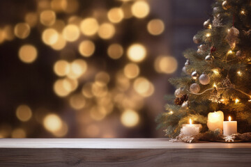 Fototapeta na wymiar Christmas tree and candles on wooden table in front of defocused lights.