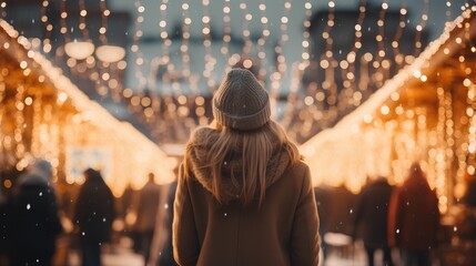 Happy woman is standing in Christmas market. Girl is expressing her happiness and freedom while enjoying the winter season, surrounded by festive decorations, twinkling lights, and holiday elements.
