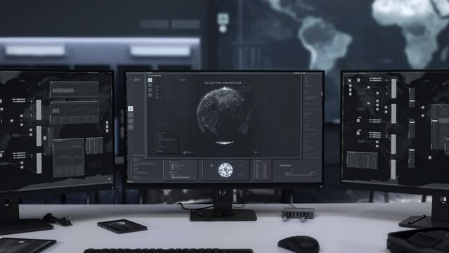 Operating the modern digital tracking system from the control room. Digital tracking system analyzing the planet globe. Digital tracking system locating the target sim card location coordinates.
