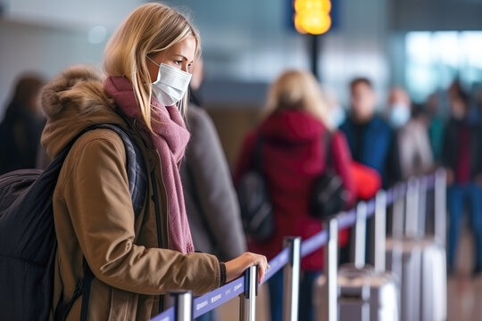 Woman wearing a medical mask in line at the airport