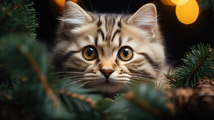 Little cute plush kitten sits under a green Christmas fir tree with Christmas lights. New year mood...