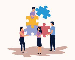 Business concept. Team metaphor. people connecting puzzle elements. Vector illustration flat design style. Symbol of teamwork, cooperation, partnership vector