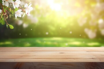 Empty wooden table on green nature background. Outdoor summer garden furniture in sunlight. Generate ai