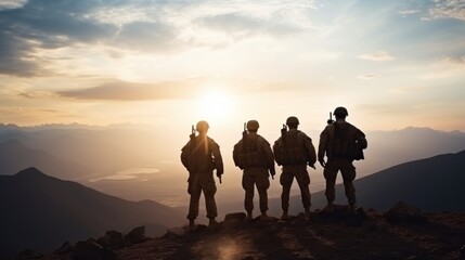 A small group of mercenary soldiers during the transition in the mountains. They moving along the mountain range in the rays of the setting sun. Infantrymen during a special operation.