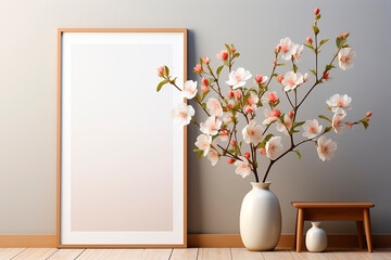 Frame poster mockup, scandinavian style interior with summer flowers in a vase and home decoration on empty neutral grey wall background.	