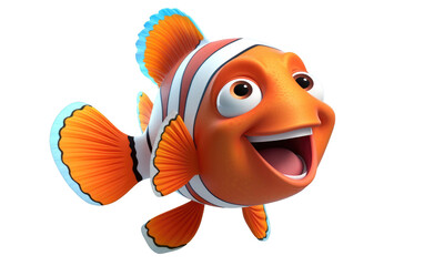Beautiful Clown Fish Smiling and Swim 3D Character Isolated on Transparent Background PNG.