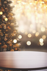 Wooden table in front of christmas tree with golden bokeh lights.