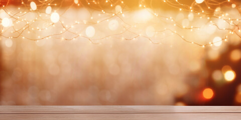 Festive background with light spots and bokeh in front of a empty wooden table. Christmas and New...