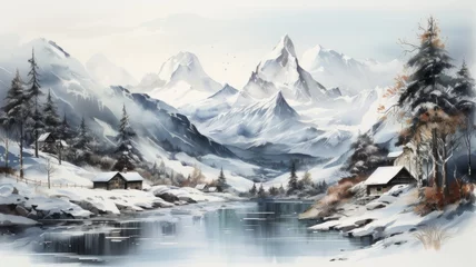 Deurstickers Quiet snow-covered winter landscape with mountains © senadesign