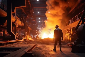 Deurstickers Factory industrial metal furnace steel foundry people © VICHIZH