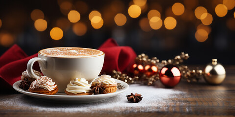 Cup of cappuccino with cakes on wooden table at background with Christmas light bokeh. Banner with copy space for text