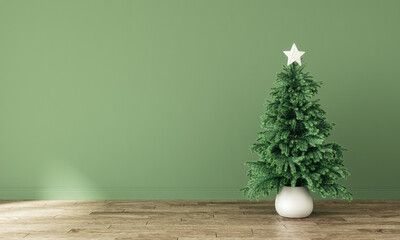 Interior with Christmas fir tree and empty green mockup wall background. 3D Rendering, 3D Illustration - obrazy, fototapety, plakaty