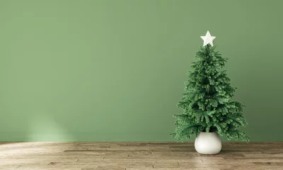 Poster Interior with Christmas fir tree and empty green mockup wall background. 3D Rendering, 3D Illustration © hd3dsh