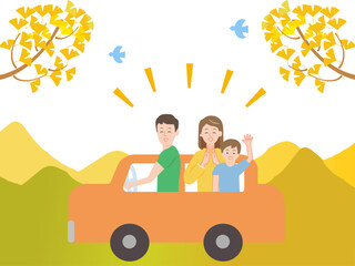 秋のドライブを楽しむ若い夫婦と子どもの家族と紅葉した山のイラスト
