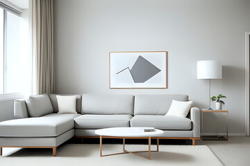 A modern, minimalist living room with clean lines and neutral colors.
