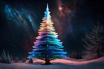 Craft a stunning image of a radiant Christmas tree crafted from iridescent gases, set amidst the captivating brilliance of the galactic expanse - obrazy, fototapety, plakaty