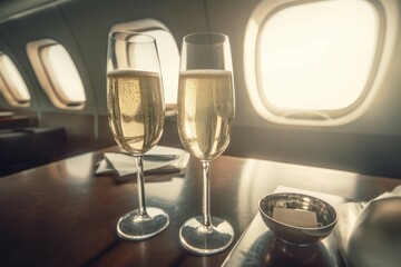 Two glasses with champagne on airplane table. First class aircraft transportation menu service. Generate ai