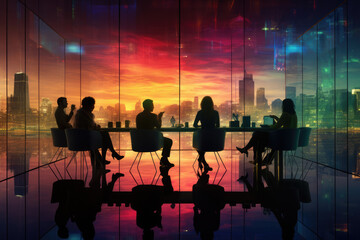 Business professionals in high-rise office with panoramic city skyline view during sunset, discussing strategy in modern workspace. Vibrant urban backdrop. Corporate meeting in luxury interior.
