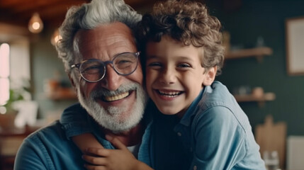 happy man family have fun together fathers day grandfather father and son are hugging and having fun together, Generative AI.