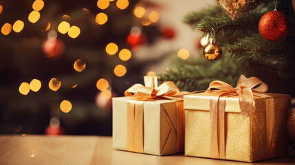 Fototapeta na wymiar Christmas tree and gift boxes on wooden table with bokeh background.
