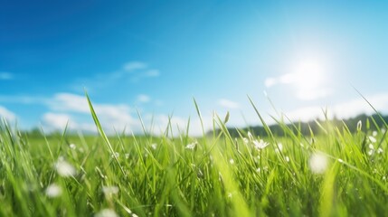 Panoramic natural landscape of a green field with grass meadow. A beautiful closeup with bokeh and copyspace