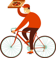 Pizza delivery. Courier boy riding bicycle with pizza box. eco friendly delivery. - 668129353