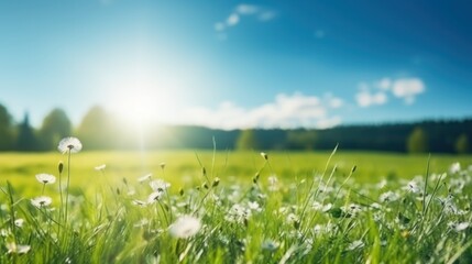 Panoramic natural landscape of a green field with grass meadow. A beautiful closeup with bokeh and copyspace