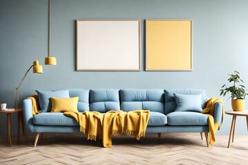 A Glimpse into Modern Living Room Design, Featuring a Light Blue Sofa, Yellow Pillows, and Beige Wall with Framed Poster in Scandinavian Home Interior.