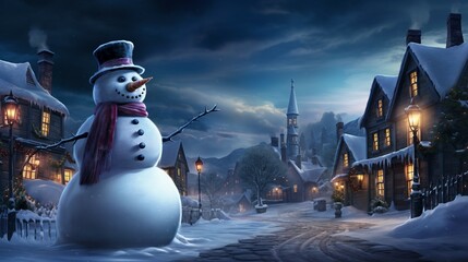 Obraz premium happy Snowman in front of romantic village in winter landscape, fairy tale kind of postcard of poster for christmas
