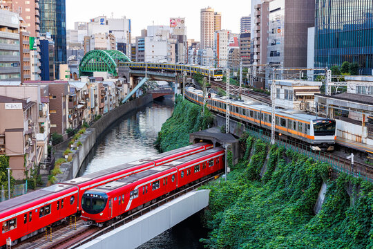 Public transport in Tokyo with metro trains and commuter railways of Japan Rail JR in Tokyo, Japan