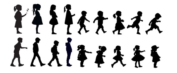 Fototapeta na wymiar set of children silhouettes, baby silhouette, boy, girl 
