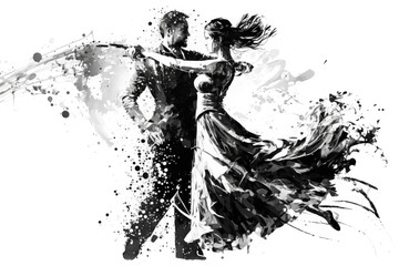 Graphic of Couple in Passionate Dance. Ink Painting in Black and White Isolated on White. - obrazy, fototapety, plakaty