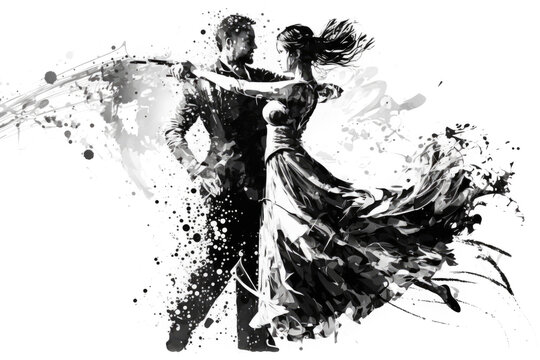 Graphic of Couple in Passionate Dance. Ink Painting in Black and White Isolated on White.
