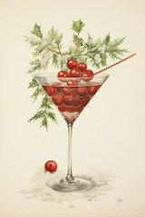 Christmas Cocktail party invitation. Holiday card, flyer. Bunch of mistletoe and martini glass. Retro illustration
