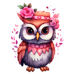 Obraz premium Watercolor Cute Kawaii Owl Valentine Clipart Illustration