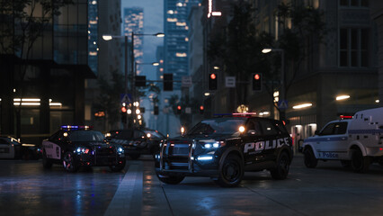 Police cars at the scene. Police patrol cars at scene of emergency. Shining flasher police car standing on the street in the city. 3d illustration © Steamaze