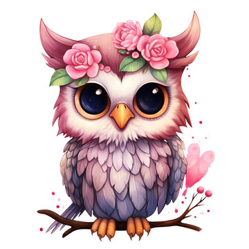 Watercolor Cute Kawaii Owl Valentine Clipart Illustration