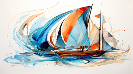 Abstract drawing of sailboat in the sea in color