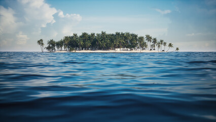 Around a tropical island with palm trees. Panorama of the tropical island with blue water. Blue...