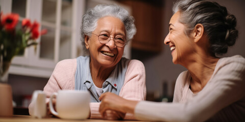 Two Ethnic Senior Friends Reconnect over Coffee in Kitchen