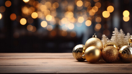 Wooden table with golden christmas decorations on bokeh background. - obrazy, fototapety, plakaty