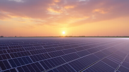 Landscape of hundreds solar panels power plant on sun rise.