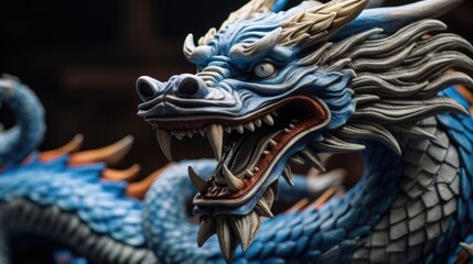 Blue wooden Chinese dragon statuette background. Navy Dragon's face of figurine. Happy Chinese new year 2024 Wallpaper concept.. - obrazy, fototapety, plakaty