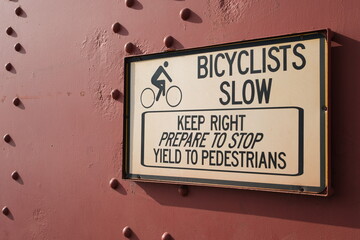 Bicyclists slow sign on Golden Gate Bridge in San Francisco