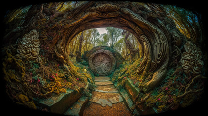 Magic teleport portal in mystic fairy tale forest - obrazy, fototapety, plakaty