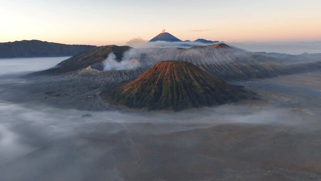 Aerial view of beautiful morning, Mount Bromo. Located in Bromo, Tengger, Semeru National Park, East Java, Indonesia.	