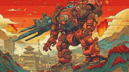 robot cyborg soldier to a world where tradition meets technology with a vintage travel poster