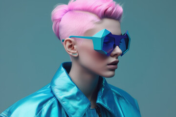 Modern fashionable teenager in futuristic sunglasses and fluorescent pastel clothes