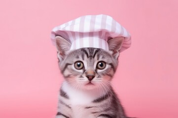Gray kitten chefs hat on pink background. Charming food cat kitty fur. Generate Ai